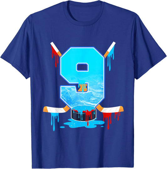 9 Year Old Boys 9th Birthday Ice Hockey Ice Cream Drip T-Shirt - T-Shirt | Royal