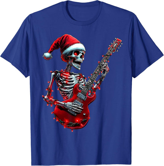 Christmas Skeleton Skull Playing Guitar Rock & Roll Music T-Shirt - T-Shirt | Royal