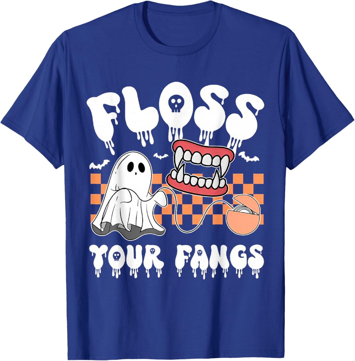 Retro Funny Teeth Floss Your Fangs Dentist Spooky Halloween T-Shirt - T-Shirt | Royal