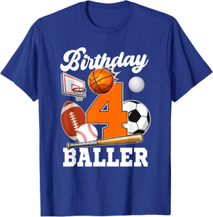 4 Year Old Birthday Baller 4th Birthday Sports Ball Theme T-Shirt - T-Shirt | Royal