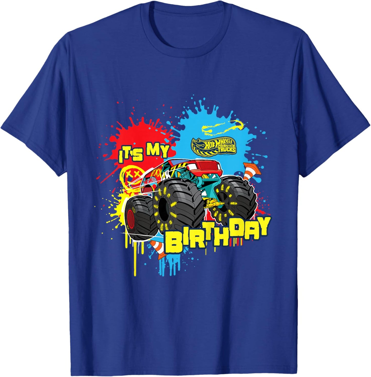 Kids Hot Wheels Monster Trucks - It's My Birthday Paint Splatter T-Shirt - T-Shirt | Royal