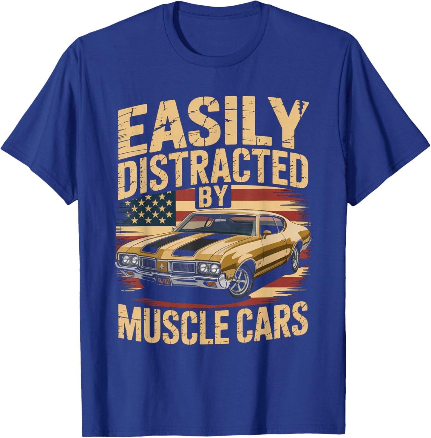 Easily Distracted By Muscle Cars Retro Ride Vibe Auto Fans T-Shirt - T-Shirt | Royal