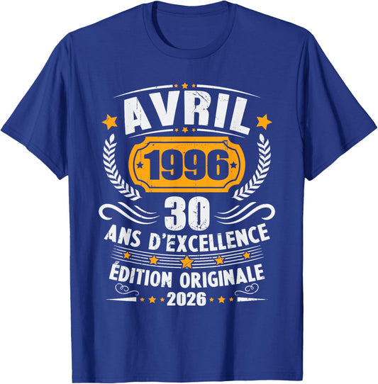 Vintage Avril 1996 Cadeau Anniversaire 30 Ans Hommes Femmes T-Shirt - T-Shirt | Royal