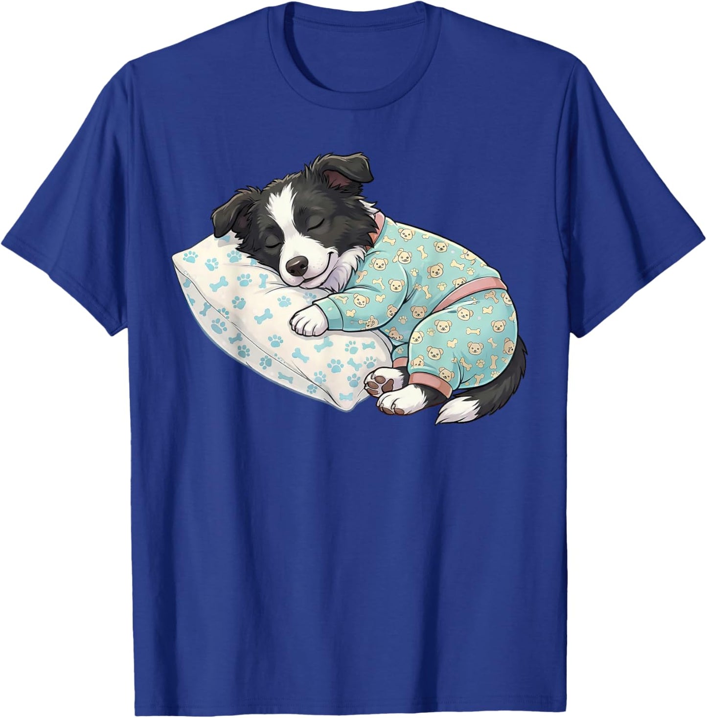 Cute Dog Border Collie Sleeping in Pajamas Bed Art T-Shirt - T-Shirt | Royal