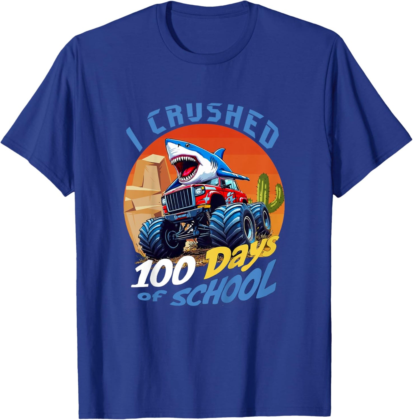 Kids I Crushed 100 Days of School Boy Shark Monster Truck Driver T-Shirt - T-Shirt | Royal