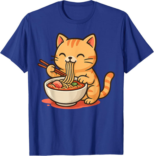 Anime Kawaii Cat Eating Ramen Noodles Men Women Teen Kids T-Shirt - T-Shirt | Royal