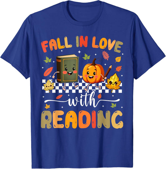 Fall In Love With Reading Pumpkin Autumn Fall Teacher T-Shirt - T-Shirt | Royal