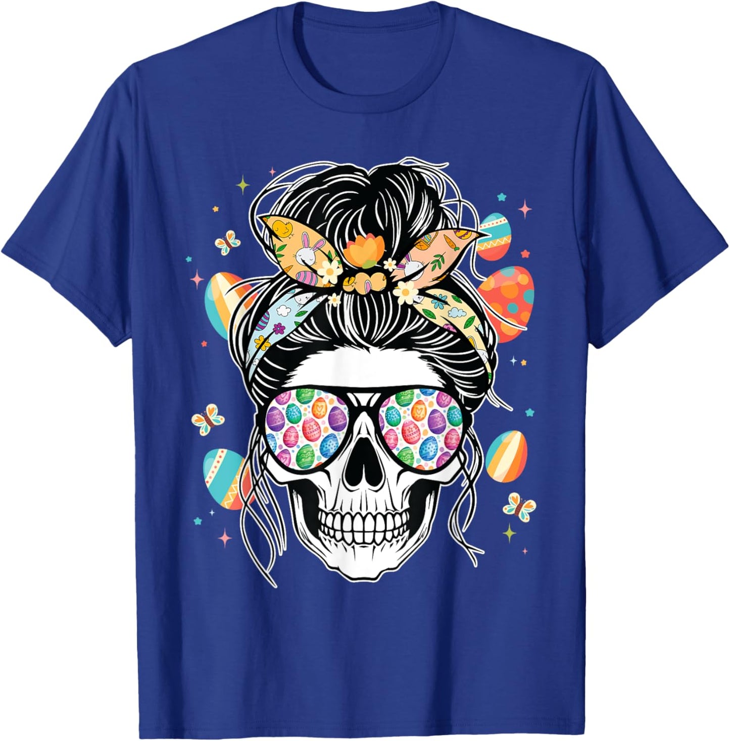 Skull Woman Messy Bun Hair Sunglasses Easter Eggs Easter Day T-Shirt - T-Shirt | Royal