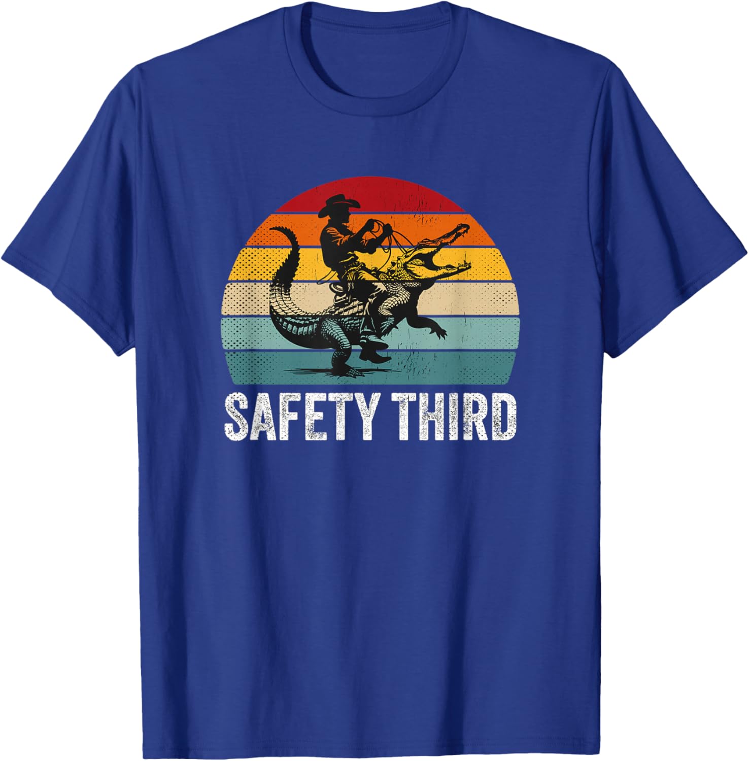 Safety Third Retro Cowboy Riding Alligator Sarcastic Safety T-Shirt - T-Shirt | Royal