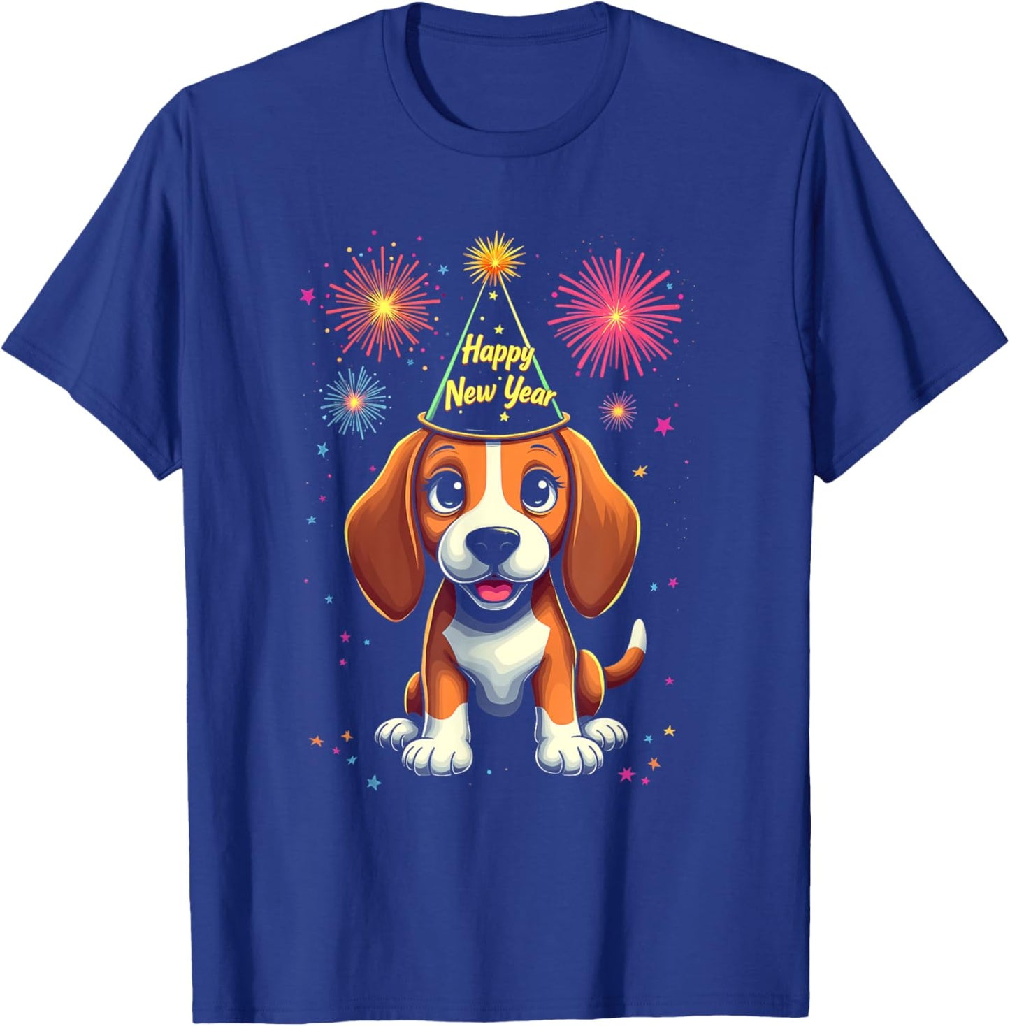 Happy New Year 2025 Eve Firework Dog Funny Beagle T-Shirt - T-Shirt | Royal