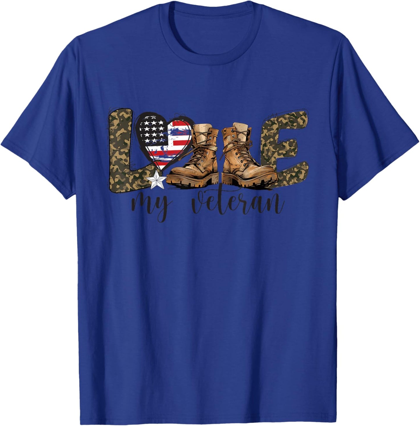 I Love My Veteran USA Flag Heart Military Veteran Family T-Shirt - T-Shirt | Royal