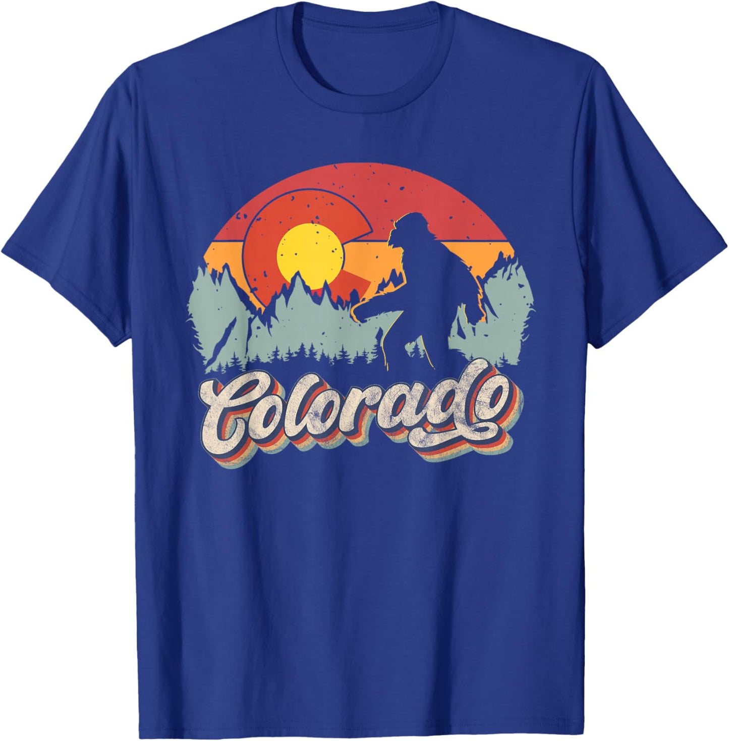 Colorado Mountain Hiking Bigfoot Camping Retro 80s Sasquatch T-Shirt - T-Shirt | Royal