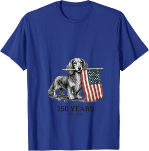 Women's Cute Long Haired Dachshund American Flag 250 Years 1776-2026 V-Neck T-Shirt - T-Shirt | Royal