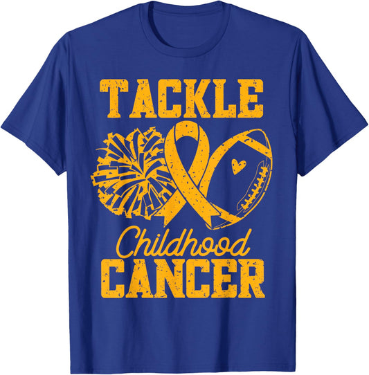 Gold Ribbon Football Tackle Childhood Cancer Awareness T-Shirt - T-Shirt | Royal