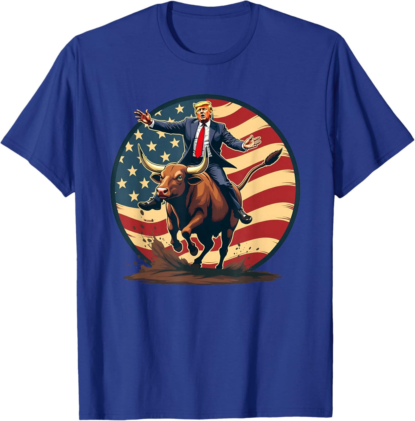 Trump Bull Rider American Flag USA Riding Rodeo Cowboy T-Shirt - T-Shirt | Royal