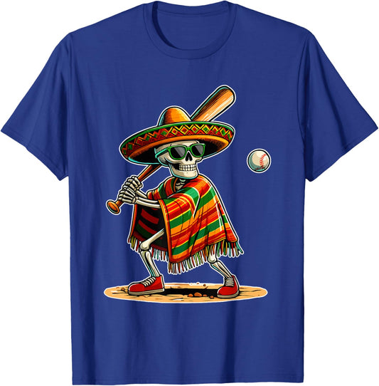 Baseball Skeleton Mexican Sombrero Cinco De Mayo T-Shirt - T-Shirt | Royal