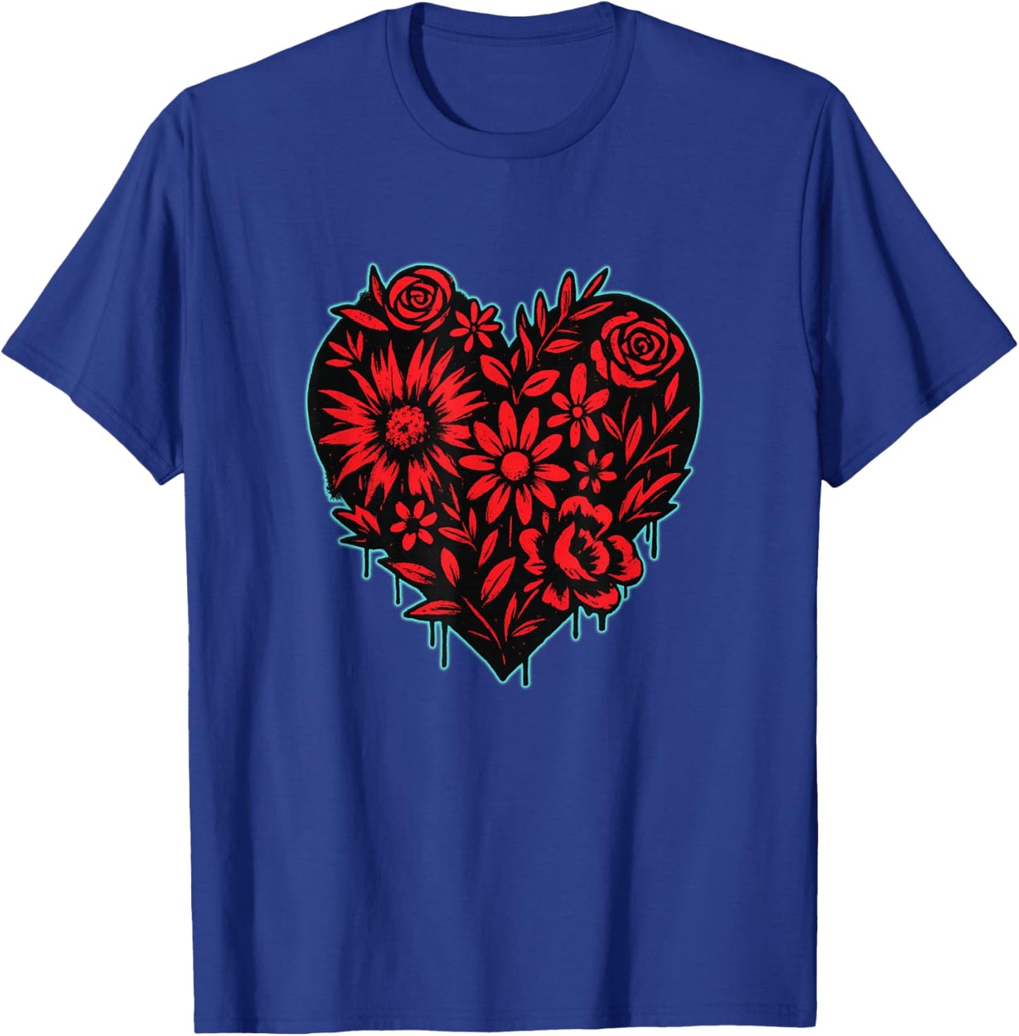 Red Floral Graffiti Heart with Cyan Outline Street Art T-Shirt - T-Shirt | Royal