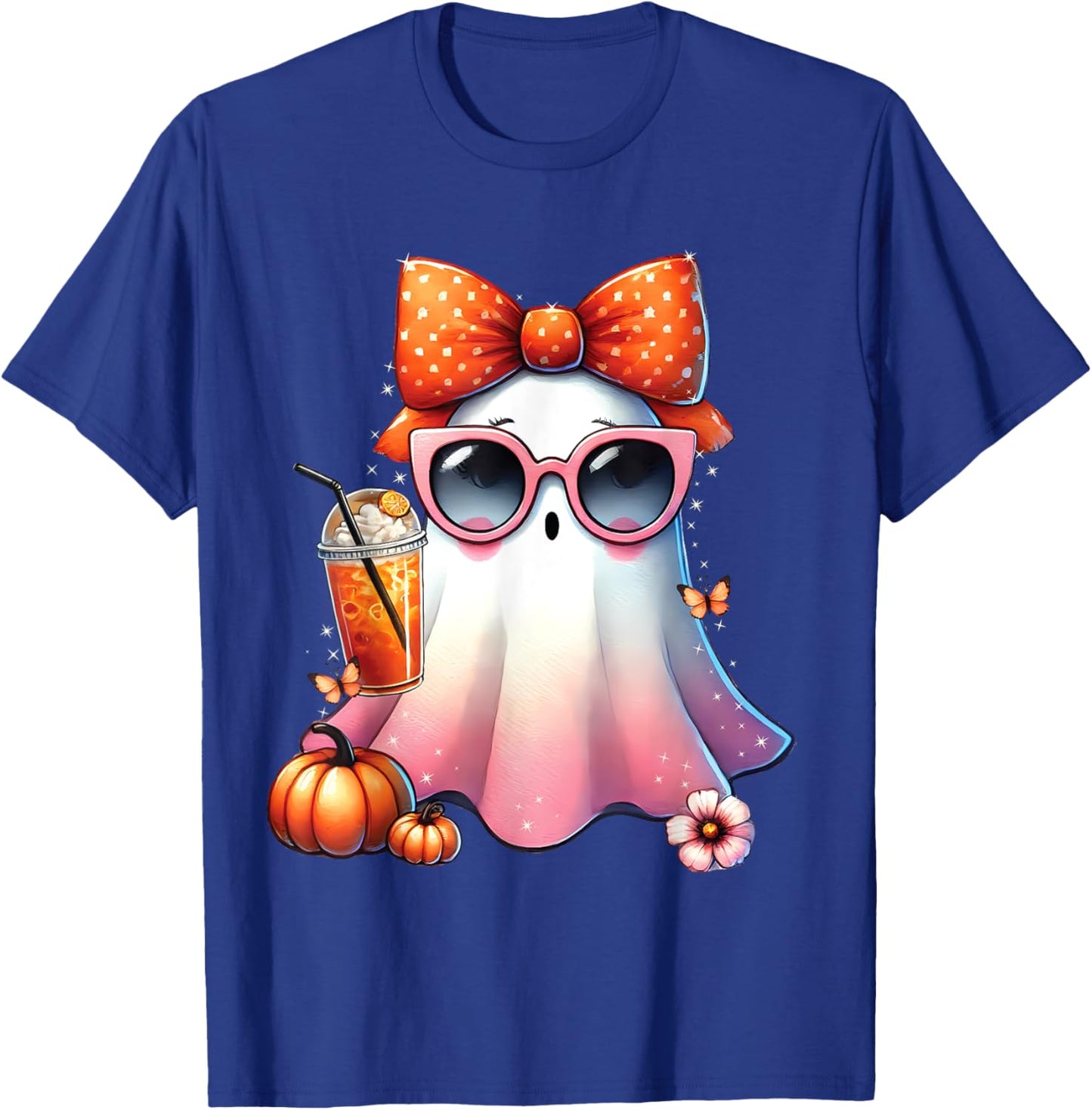 Cute Ghost Drinking Coffee With Halloween Bow Women Girls T-Shirt - T-Shirt | Royal