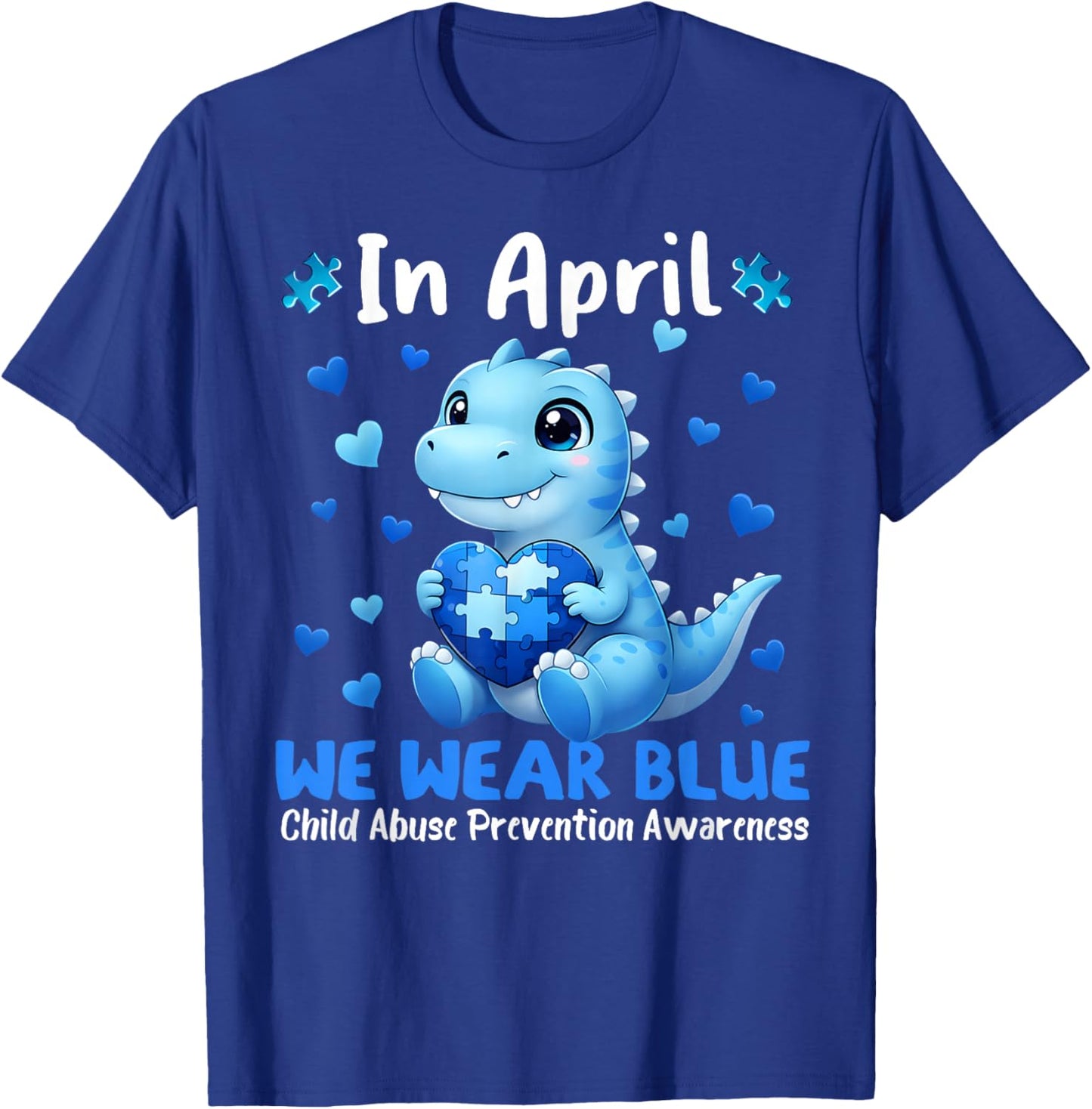 April We Wear Blue Puzzle Dinosaur Child Abuse Prevention T-Shirt - T-Shirt | Royal