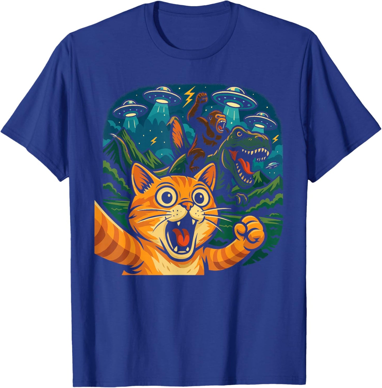 Funny Cat Selfie with T-Rex Gorilla UFO T-Shirt - T-Shirt | Royal