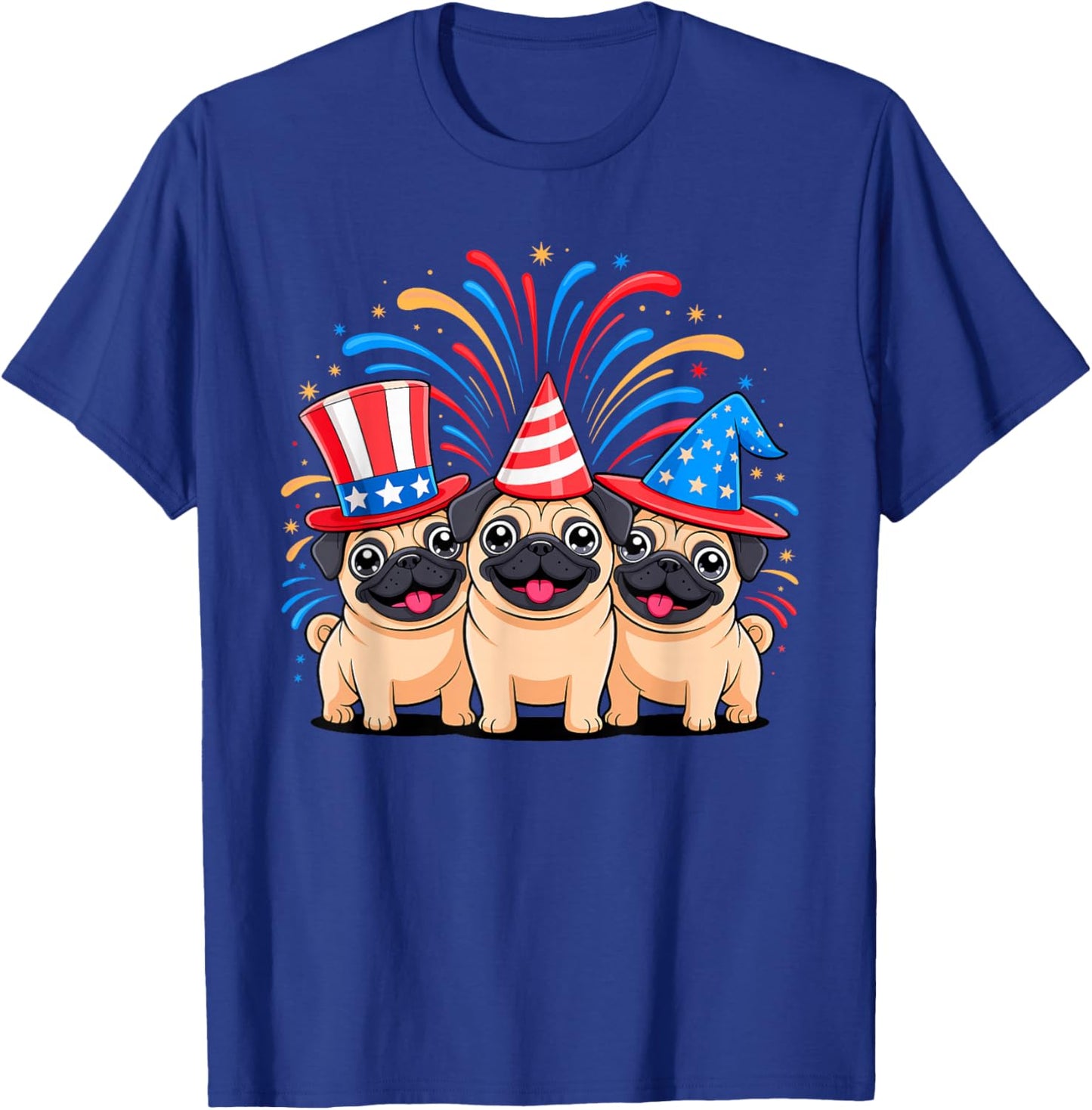 Fourth of July Three Patriotic Pug Puppies T-Shirt - T-Shirt | Royal