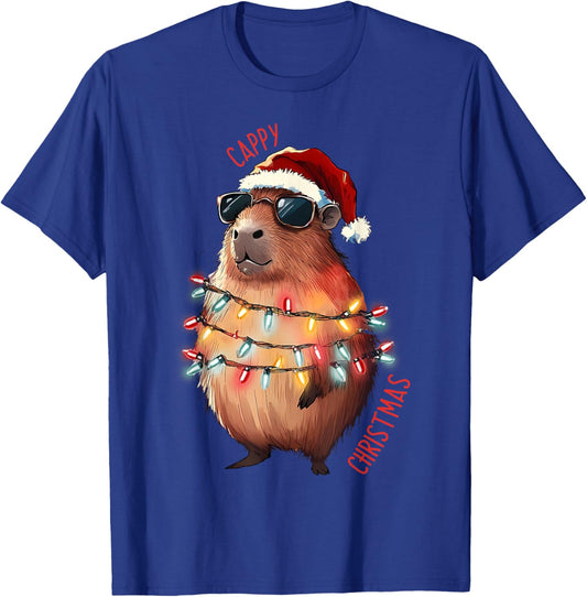 Cute Capybara Christmas Lights With sunglass Animal Lover T-Shirt - T-Shirt | Royal