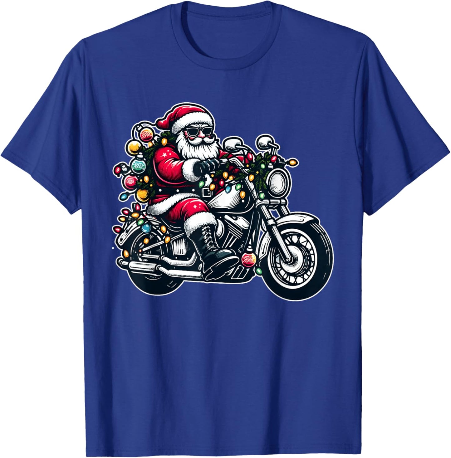 Santa Claus on Motorcycle Funny Biker Christmas Xmas Lights T-Shirt - T-Shirt | Royal