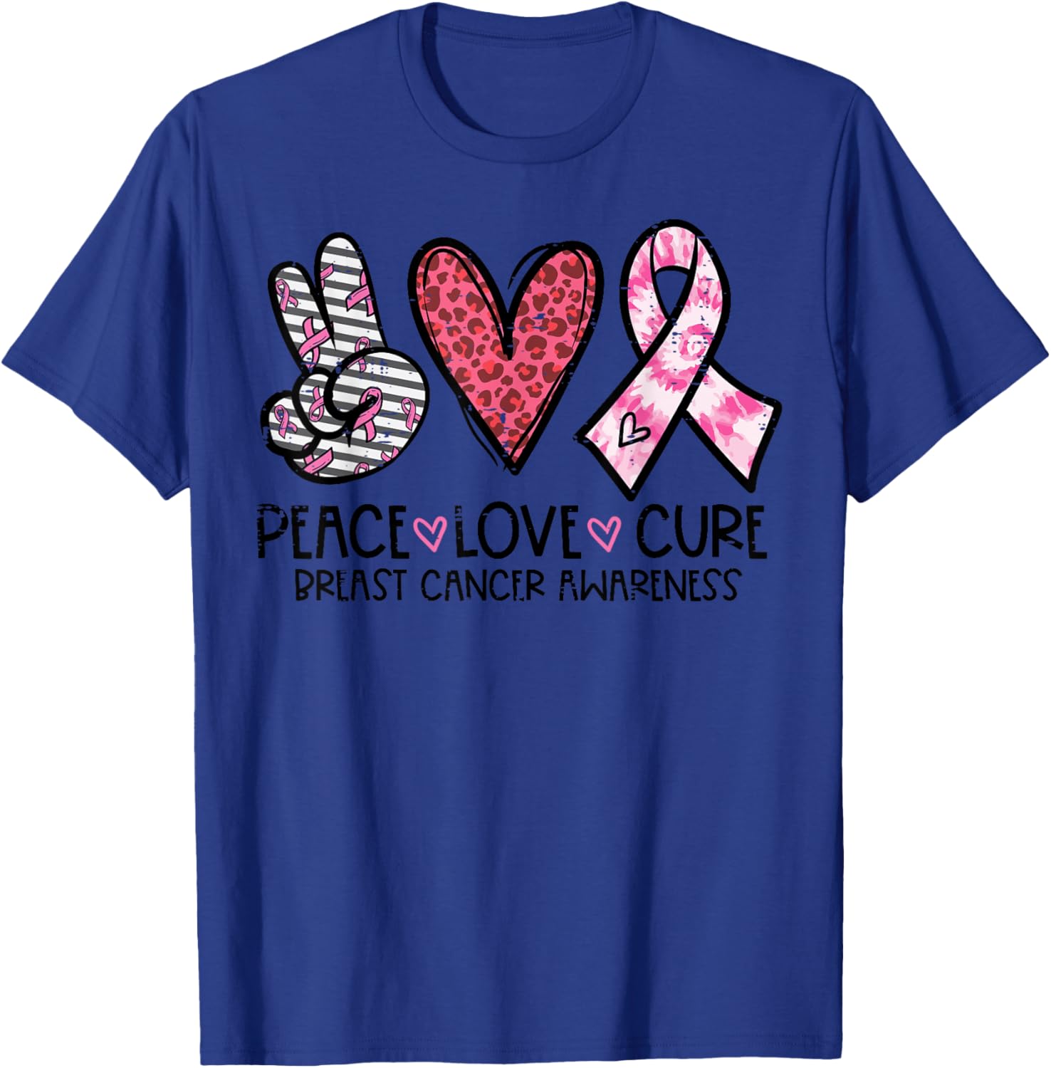 Breast Cancer Peace Love Cure Awareness Ribbon Women Men Kid T-Shirt - T-Shirt | Royal