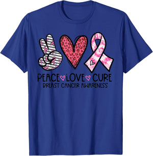Breast Cancer Peace Love Cure Awareness Ribbon Women Men Kid T-Shirt - T-Shirt | Royal