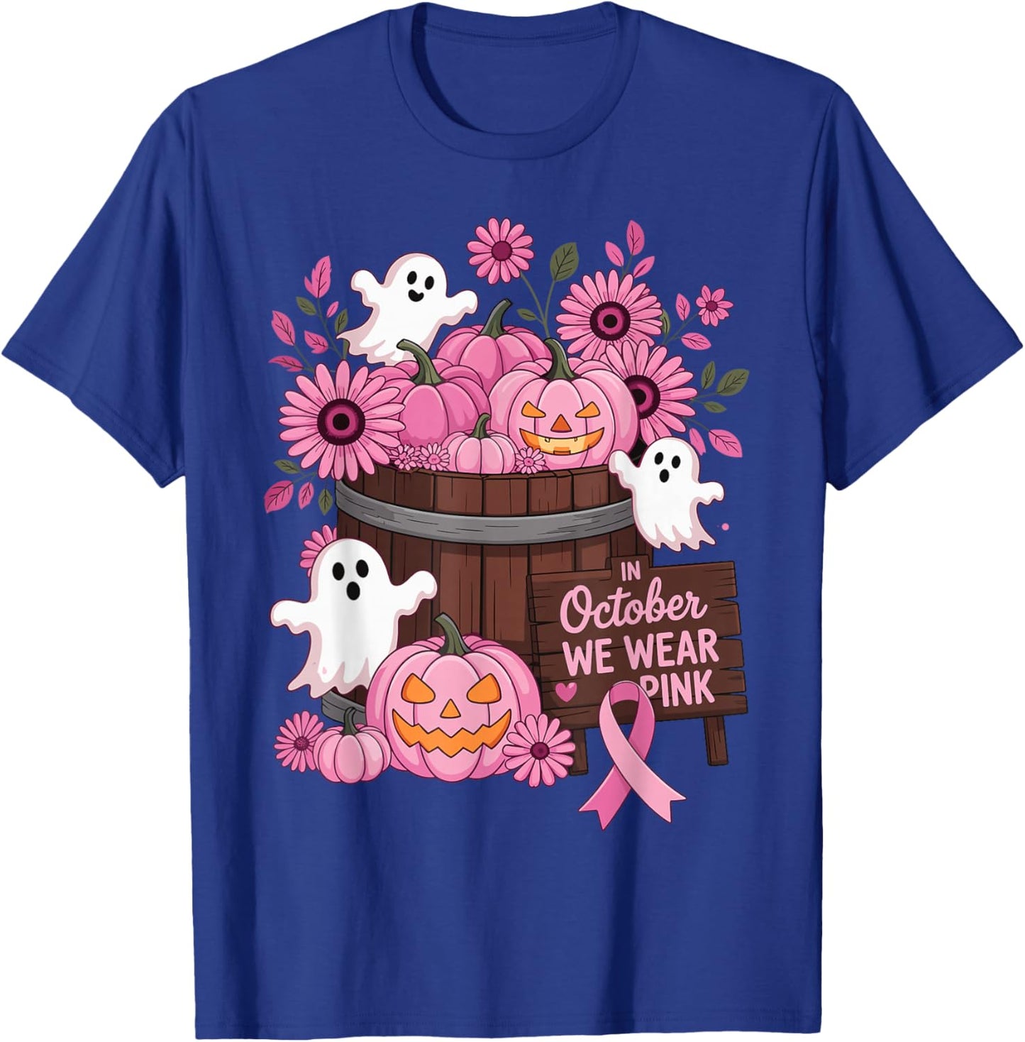 in October We Wear Pink Pumpkin Ghost Breast Cancer Survivor T-Shirt - T-Shirt | Royal