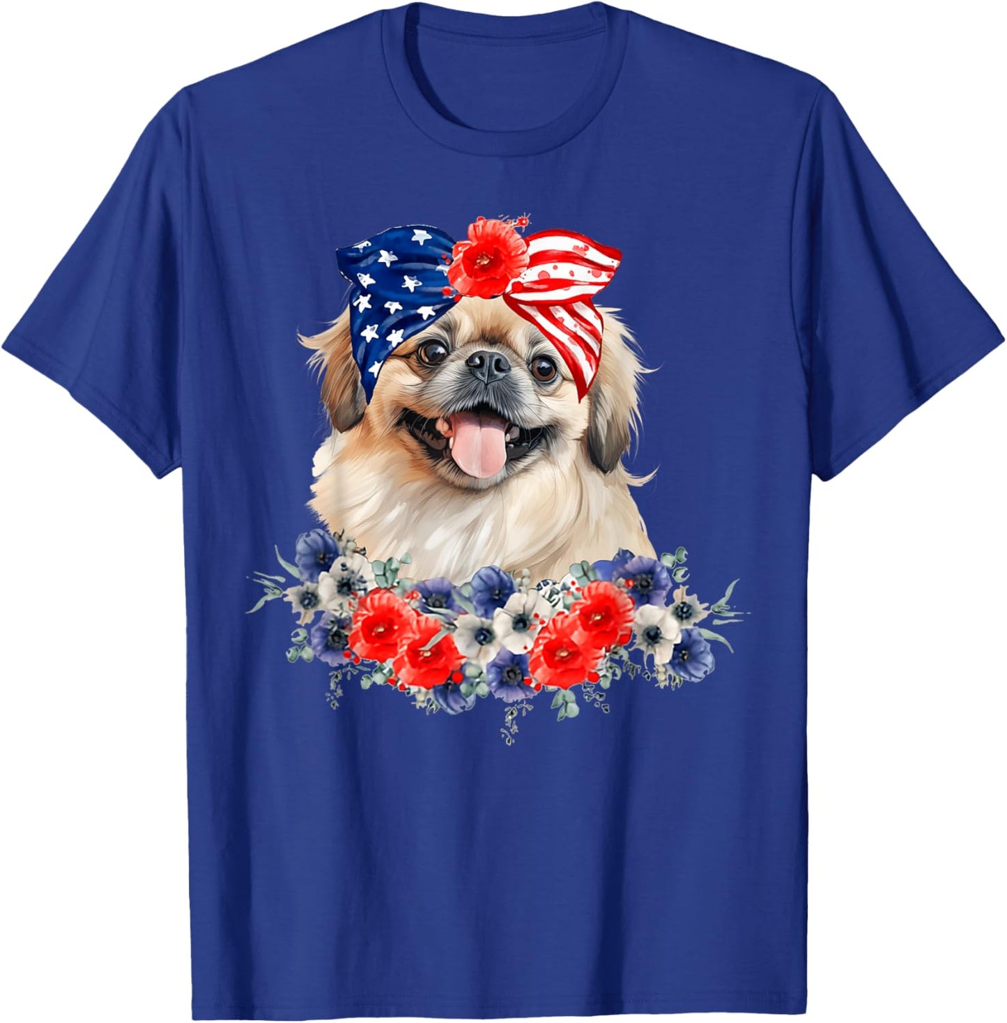 Pekingese Dog Bandana American Flag 4th Of July Women Kids Men T-Shirt - T-Shirt | Royal