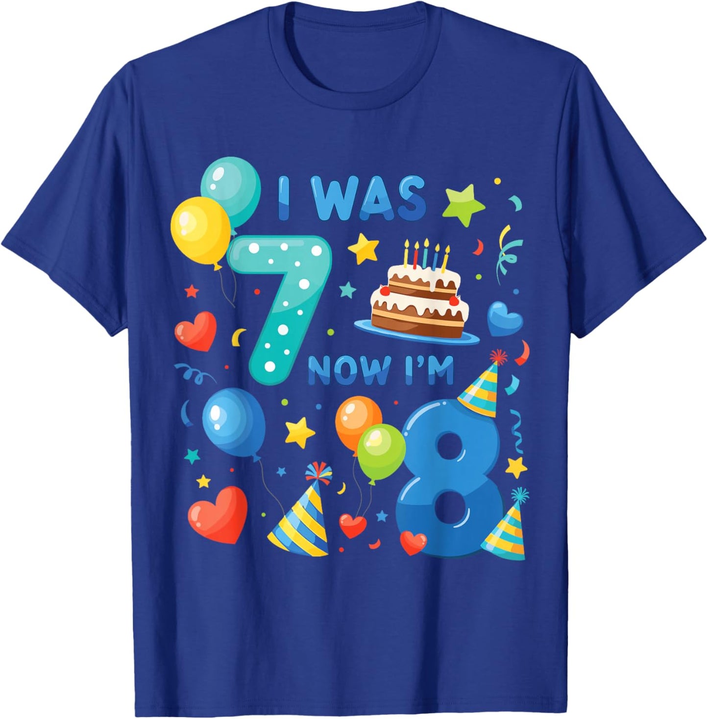 8th Birthday Boys I was 7 Now I’m 8 Birthday Party Kids T-Shirt - T-Shirt | Royal