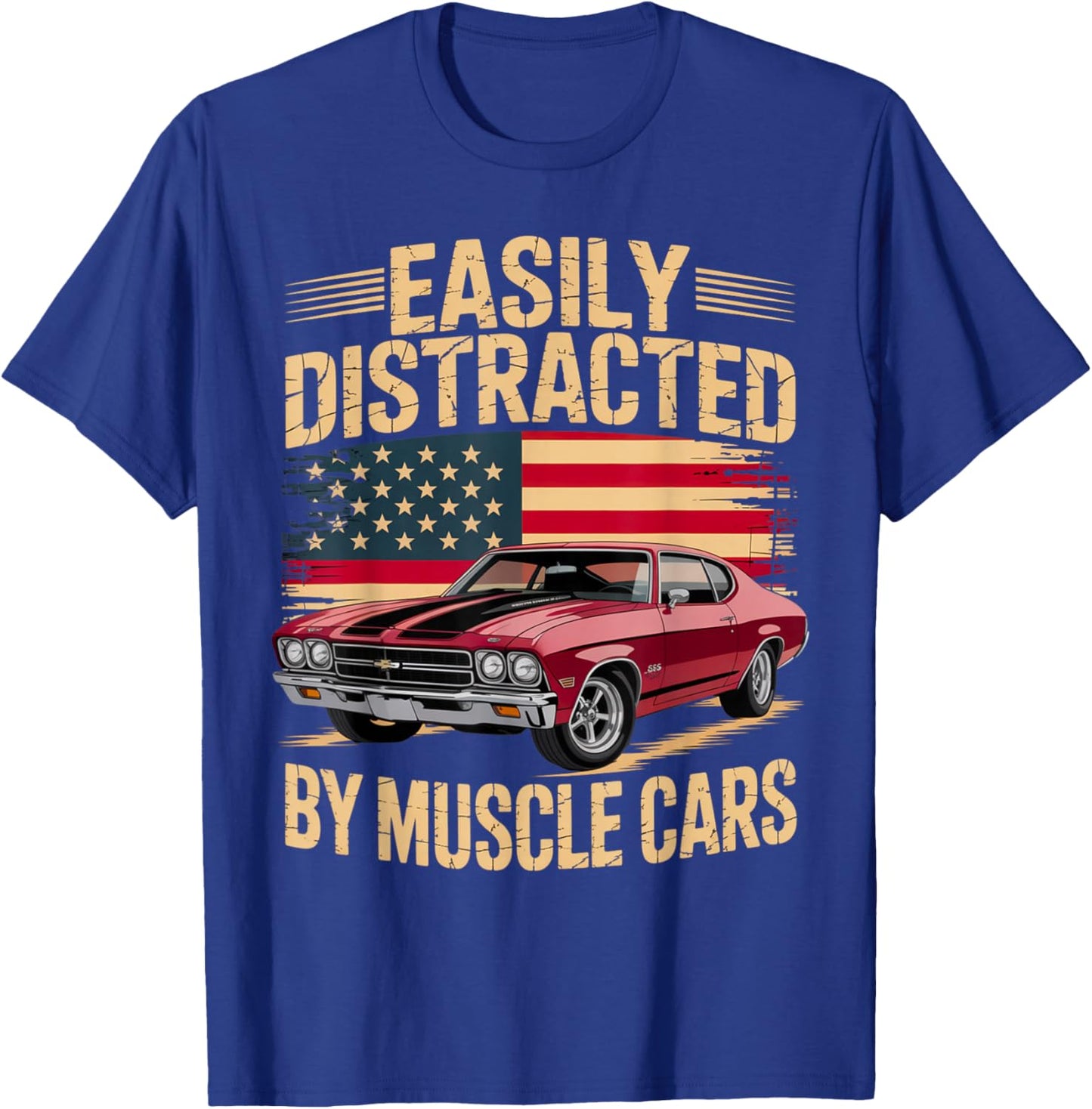 Easily Distracted by Muscle Cars Retro Red Classic car Vibe T-Shirt - T-Shirt | Royal