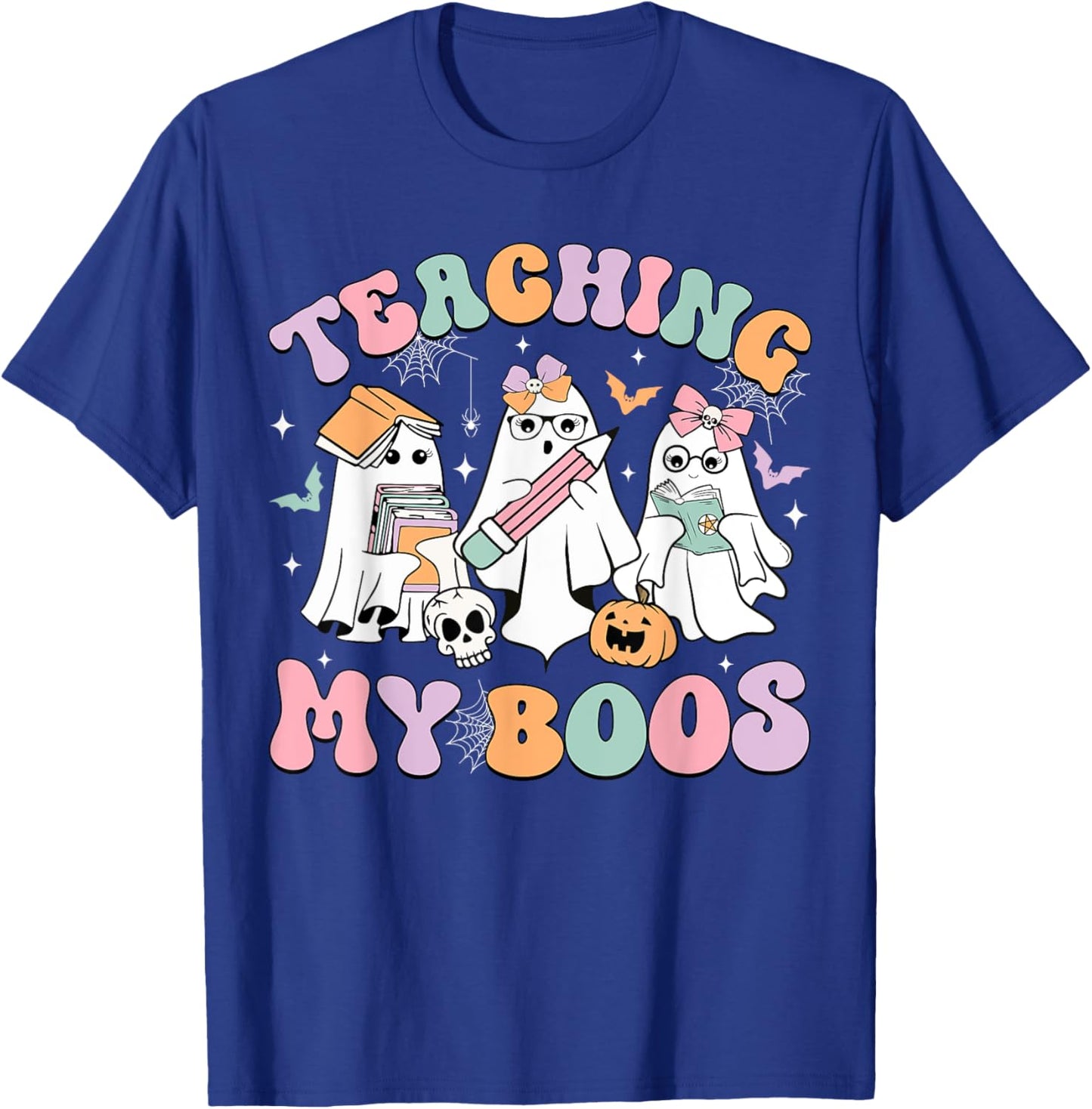 Teaching My Boos Cute Book Ghost Groovy Teacher Halloween Women Kids T-Shirt - T-Shirt | Royal