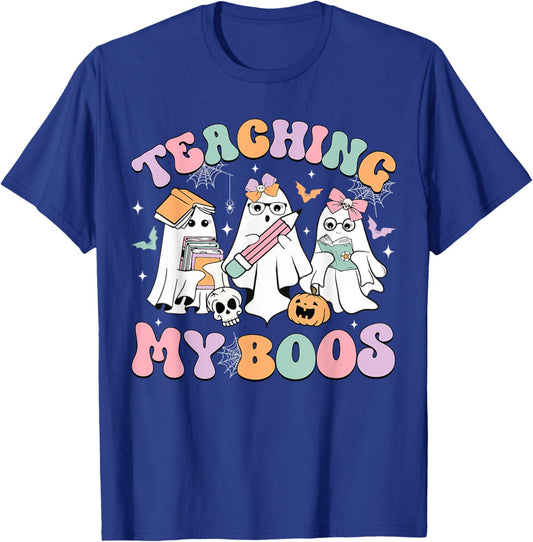 Teaching My Boos Cute Book Ghost Groovy Teacher Halloween Women Kids T-Shirt - T-Shirt | Royal