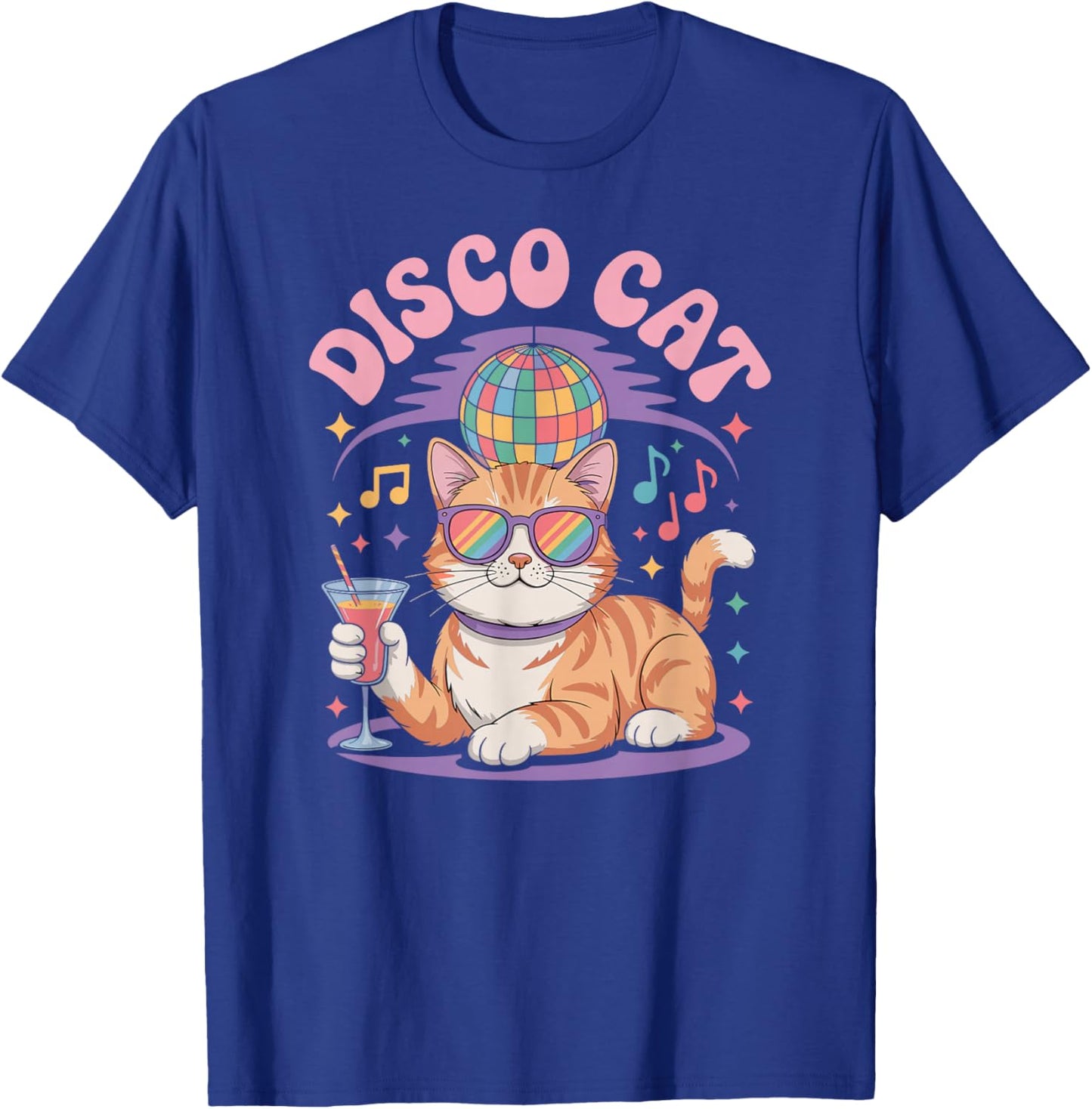 Groovy Cat with Sunglasses, Disco Ball and Fun Cocktail T-Shirt - T-Shirt | Royal