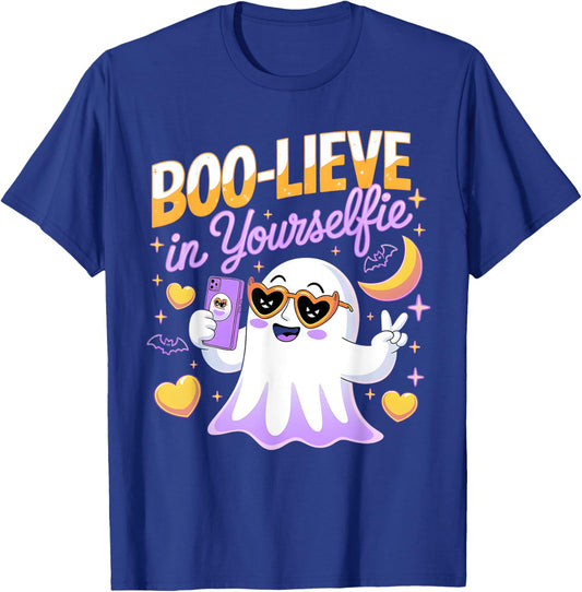 Believe Boo Lieve in Yourself Yourselfie Ghost 2024 2025 T-Shirt - T-Shirt | Royal