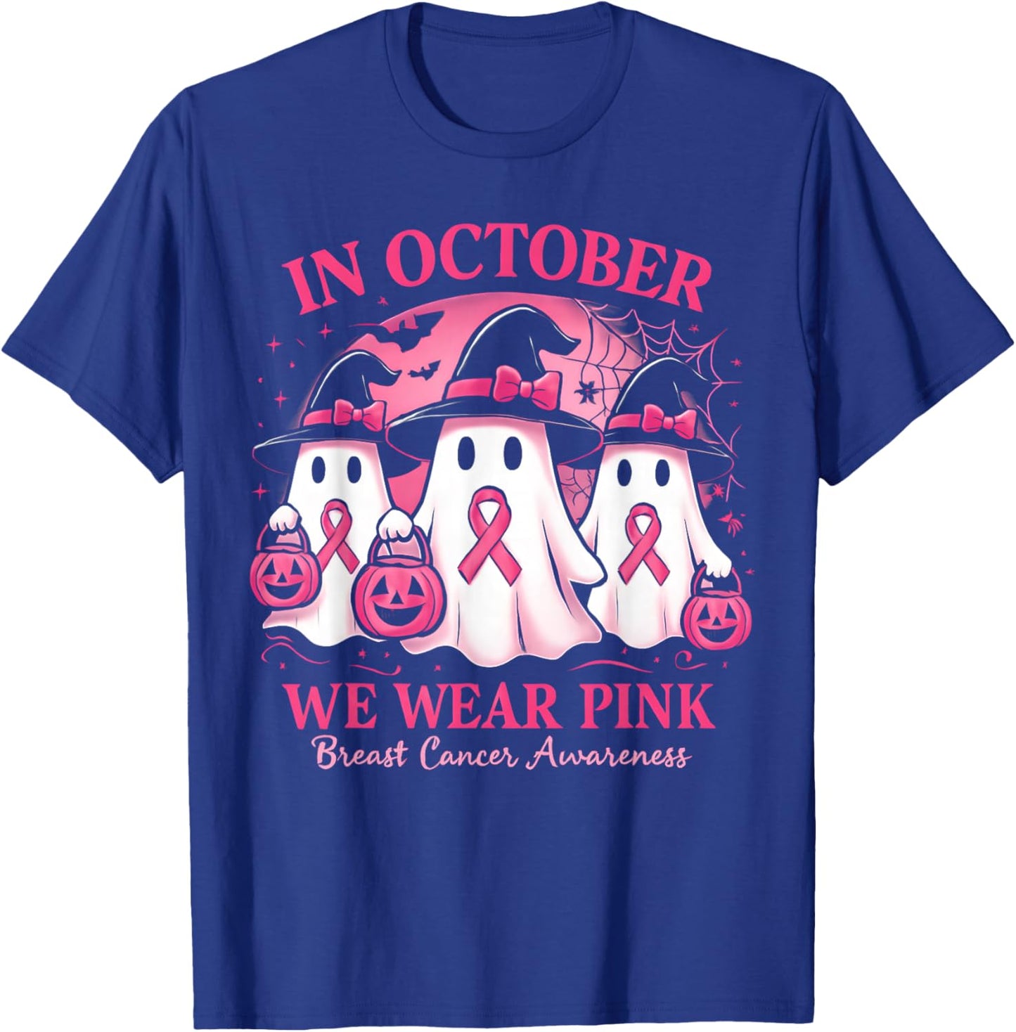 in October We Wear Pink Ghost Halloween Women Breast Cancer T-Shirt - T-Shirt | Royal