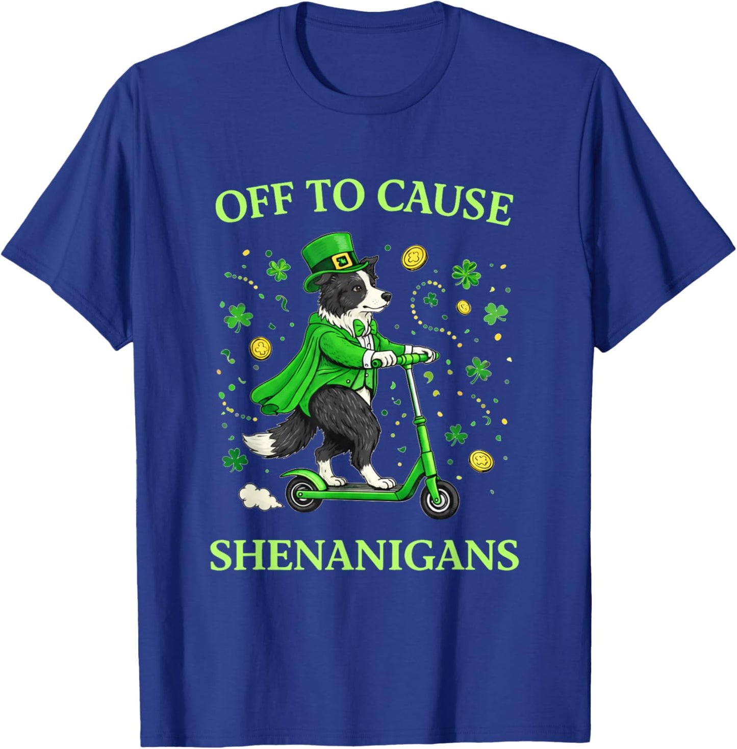 St Patricks Day Border Collie Leprechaun Scooter Shenanigans T-Shirt - T-Shirt | Royal