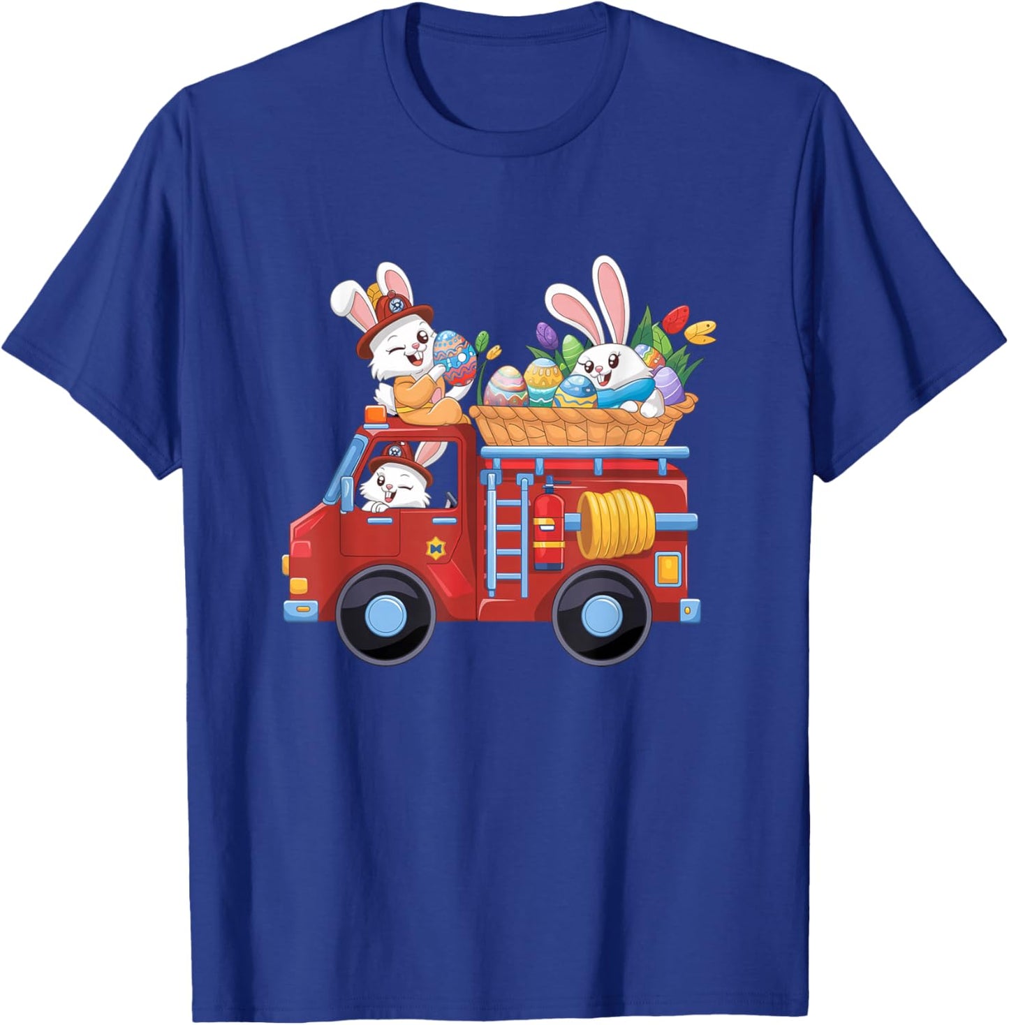 Bunny Firetruck Easter Egg Hunt Firefighter Kids Girls Boys T-Shirt - T-Shirt | Royal