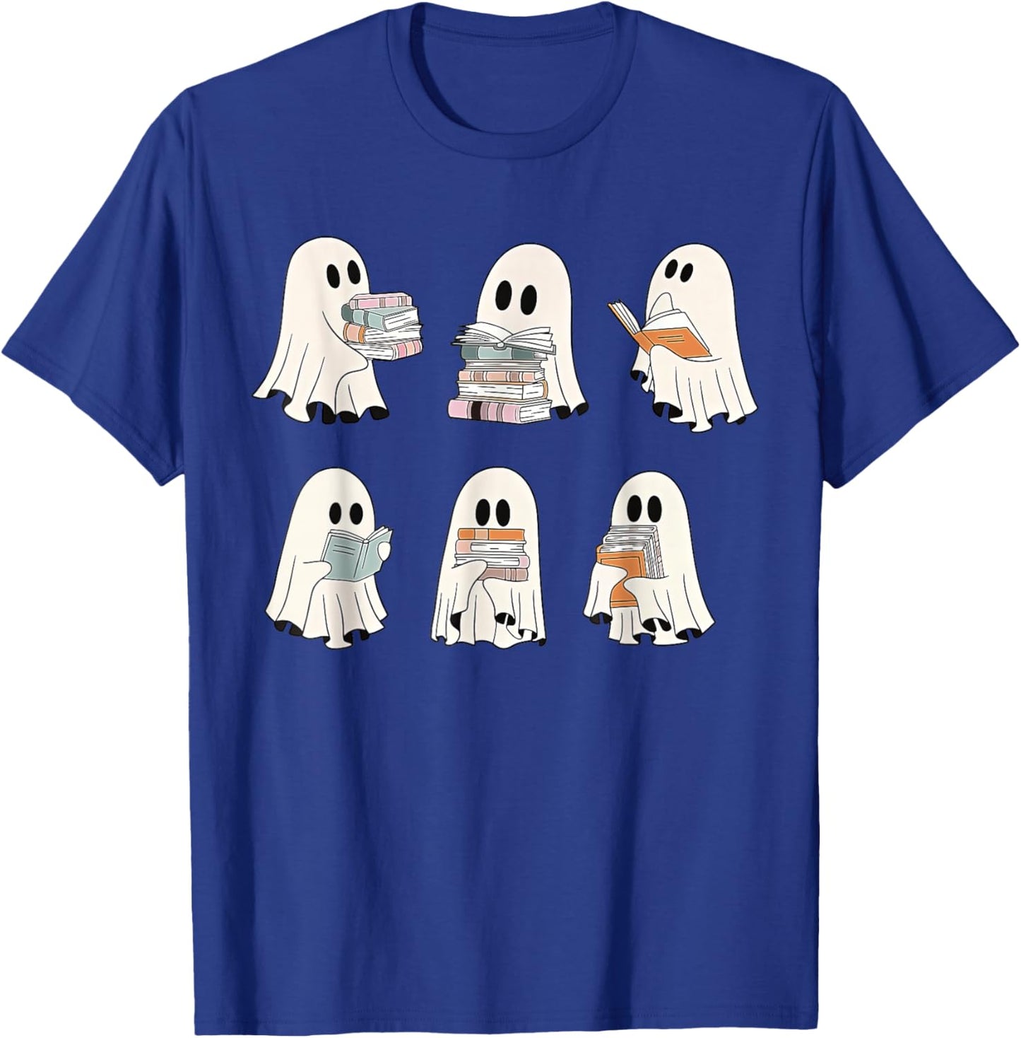 Retro Ghost Reading Books, Halloween bookish ghost bookworm T-Shirt - T-Shirt | Royal