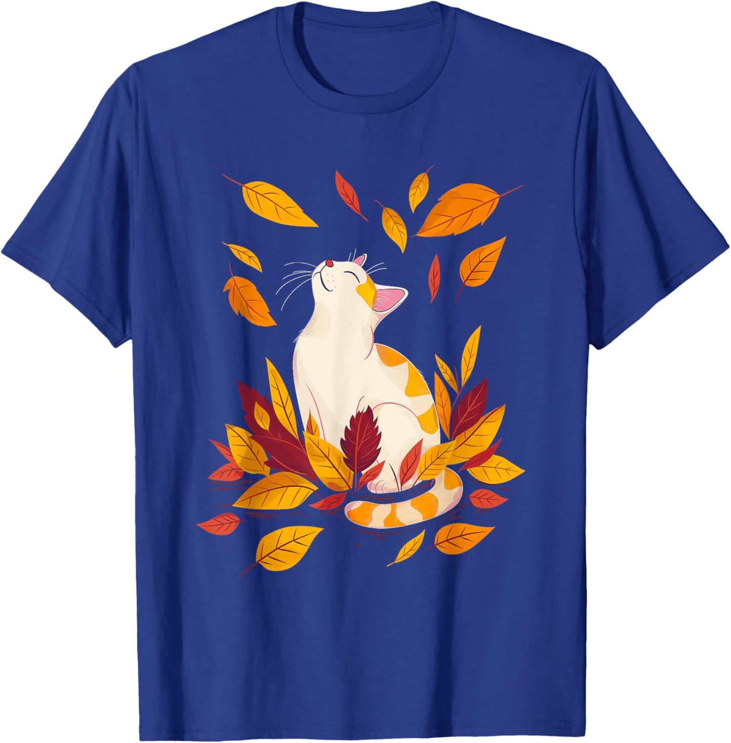 Cat Fall Leaf Tree Hello Autumn Thanksgiving T-Shirt - T-Shirt | Royal