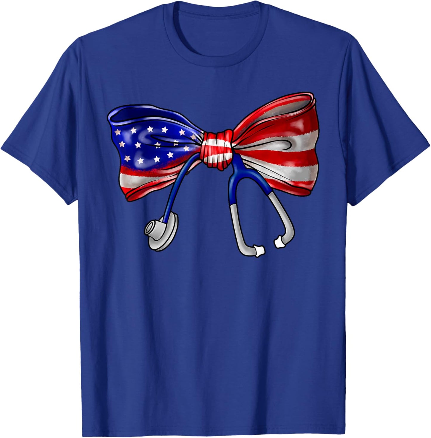 USA Flag Stethoscope Coquette Bow 4th of July RN Nursing T-Shirt - T-Shirt | Royal