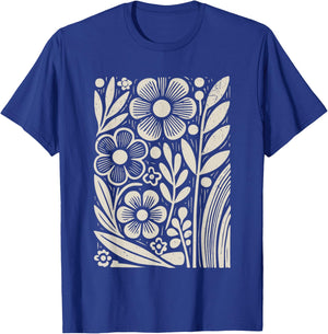 Botanical Floral Line Art Minimalist Nature Linocut Print T-Shirt - T-Shirt | Royal