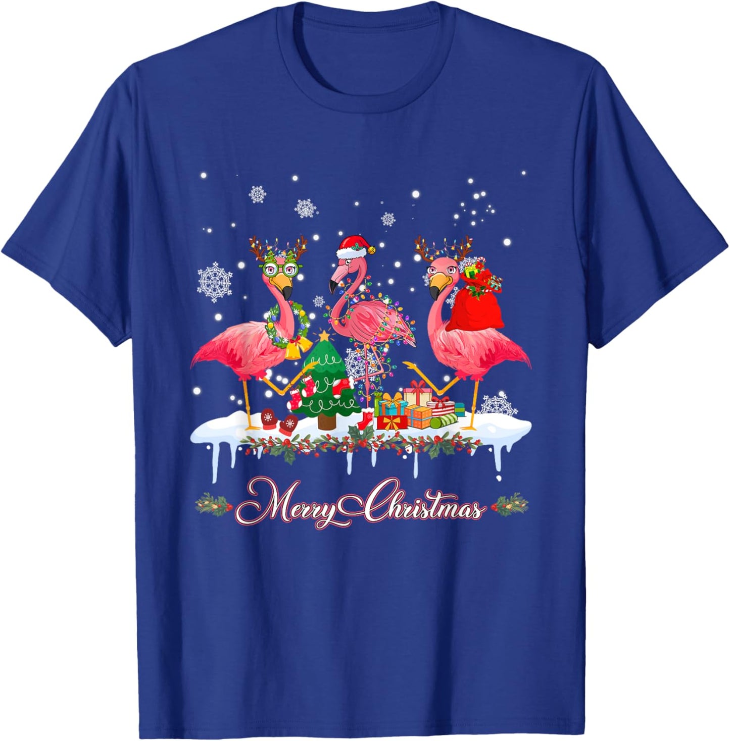 Merry Christmas Hat Santa Flamingo Light Christmas Snow T-Shirt - T-Shirt | Royal