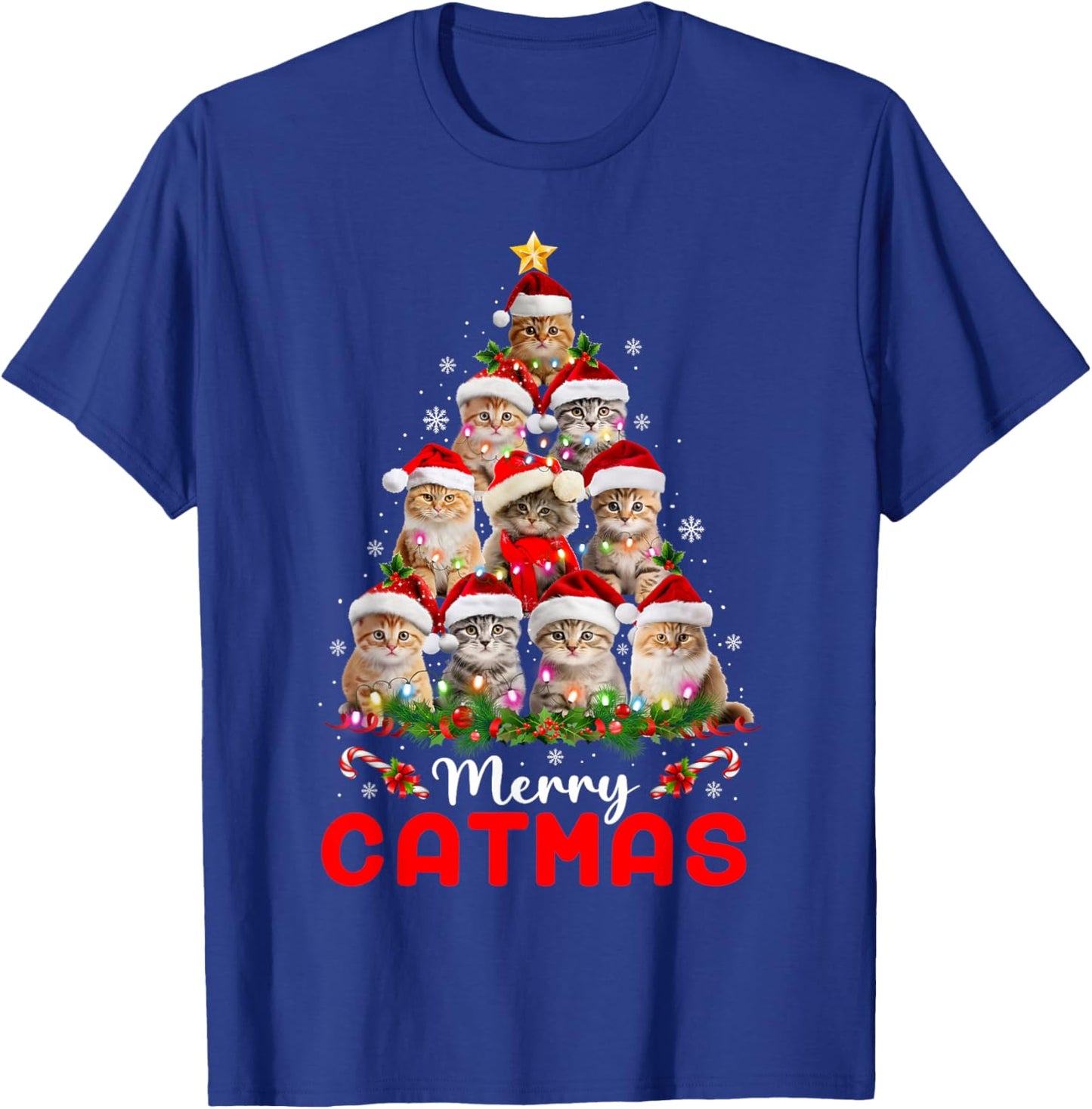 Meowy Catmas Cat Christmas Tree Lights Funny Xmas Pajamas T-Shirt - T-Shirt | Royal