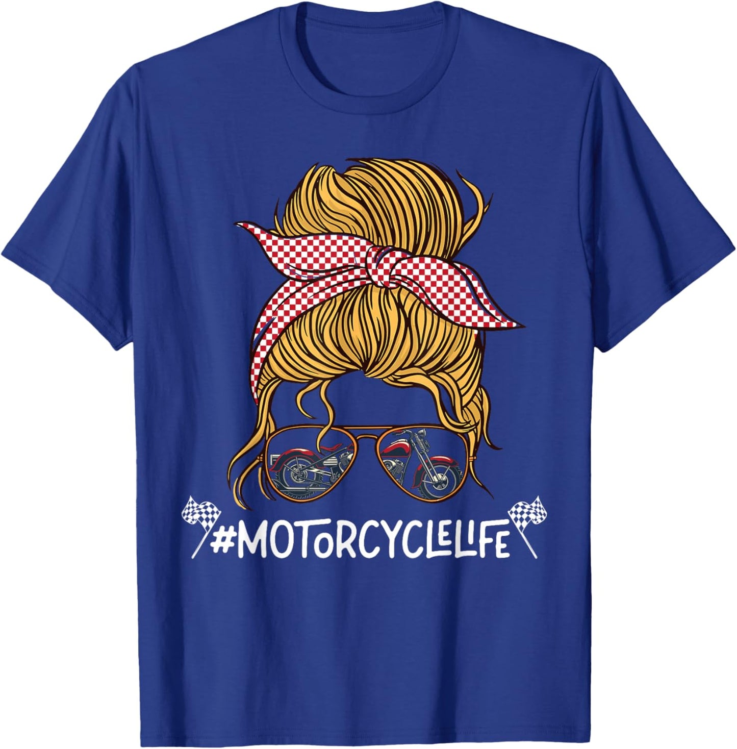 Classic Motorcycle Biker Girl Female Sunglasses Bun Bandana T-Shirt - T-Shirt | Royal