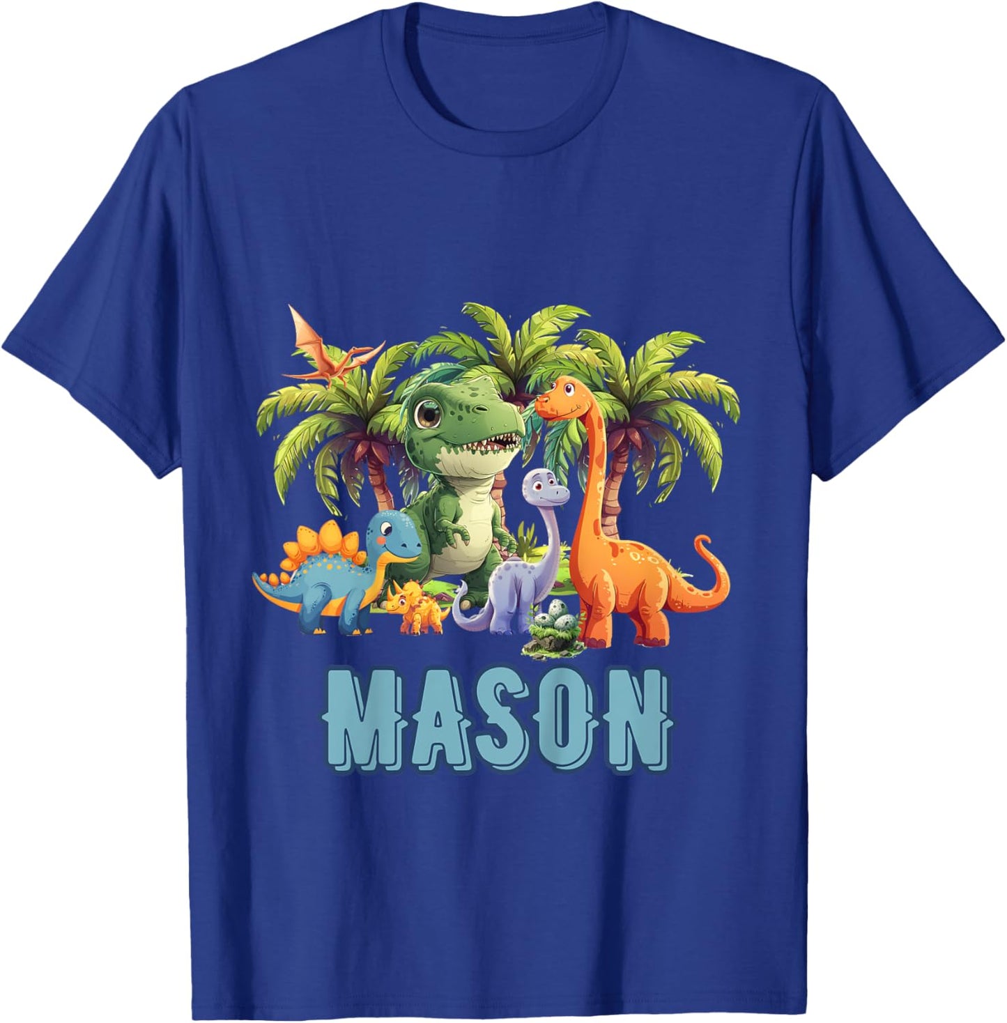 Kids MASON Name Dinosaur Themed Baby Boy Toddler Cute Fun T-Shirt - T-Shirt | Royal