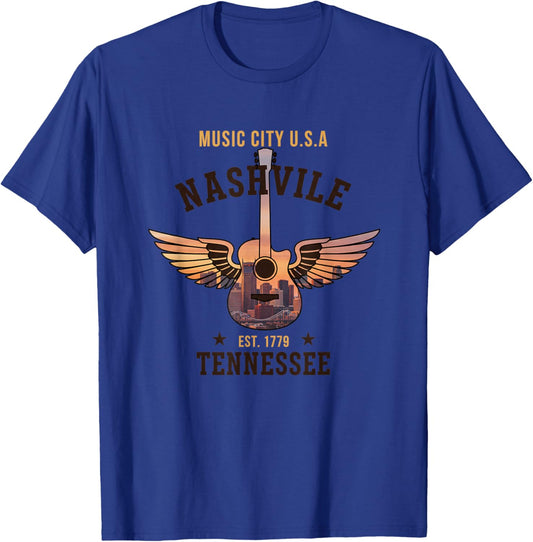 Nashville Tennessee Music City U S A Guitar Wings Est 1779 T-Shirt - T-Shirt | Royal