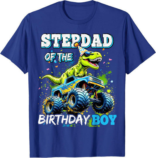 Stepdad of the Birthday Boy Monster Truck Dinosaur Party T-Shirt - T-Shirt | Royal